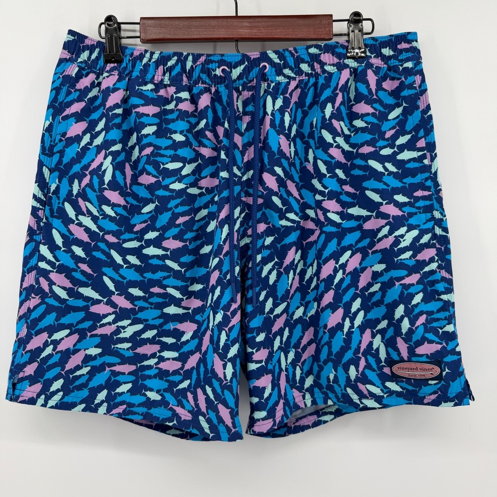 Vineyard Vines Swim Trunks Mens Large Blue Shark Print Lined Board Shorts Surf